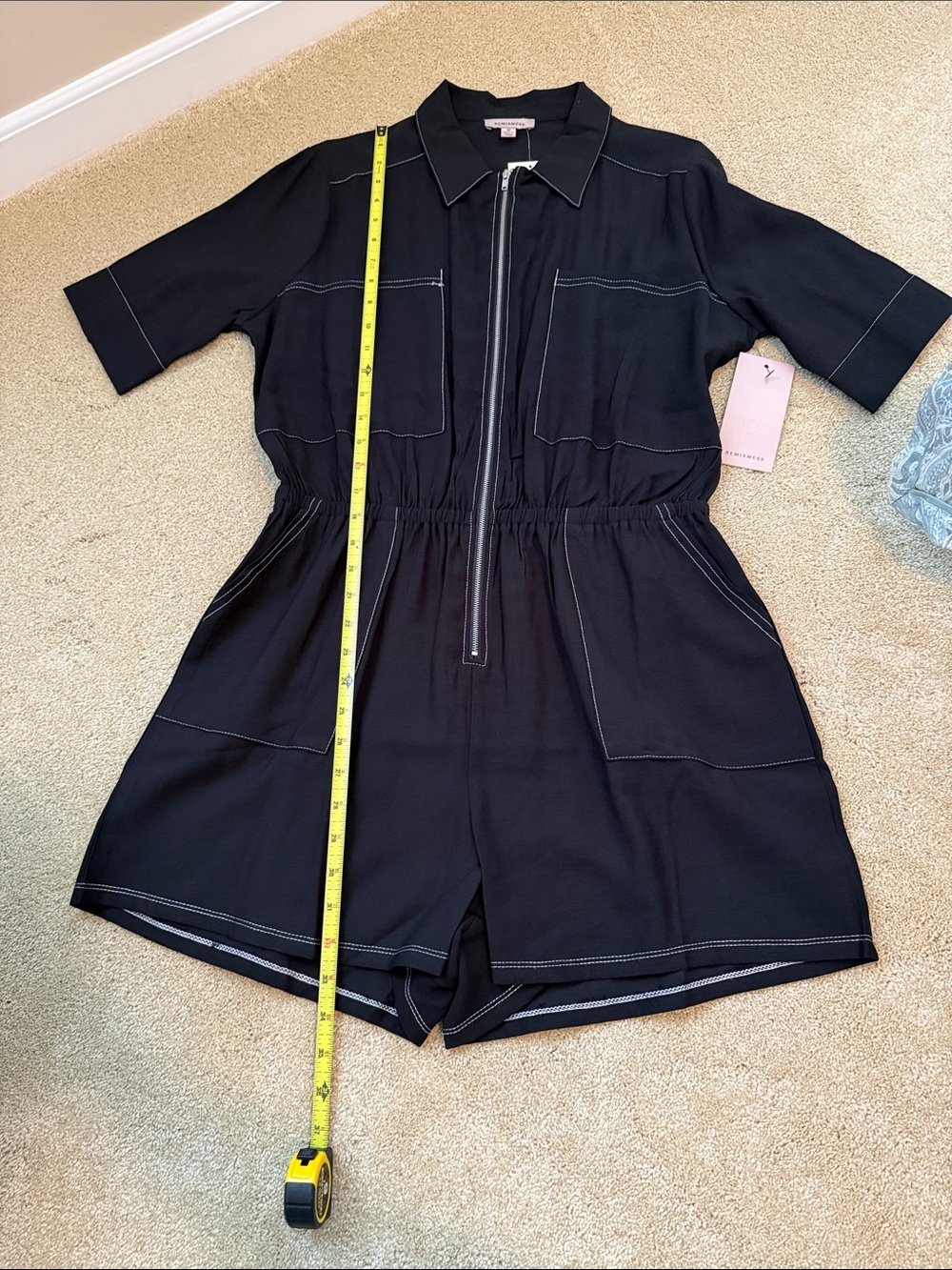 Black Short-Sleeve Zip Romper with Contrast Stitching - Picture 2 of 6